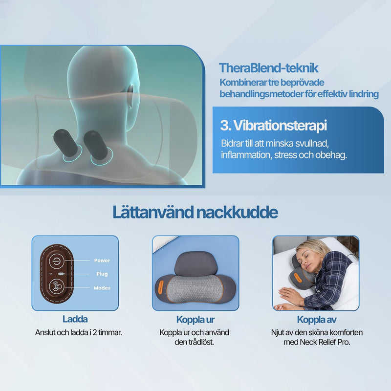 Illustration av vibrationsterapi samt tre steg för att ladda och använda nackmassagekudden.