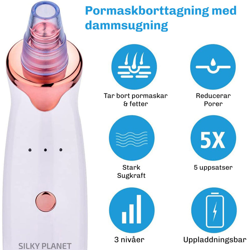 Närbild på Silky Planet pormaskborttagarens munstycke med text om mikrodermabrasionsteknik.