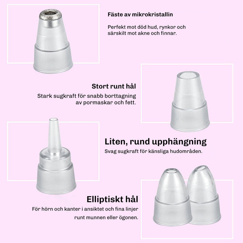 Fyra typer av munstycken till Silky Planet pormaskborttagare med olika hålformer för ansiktets områden.