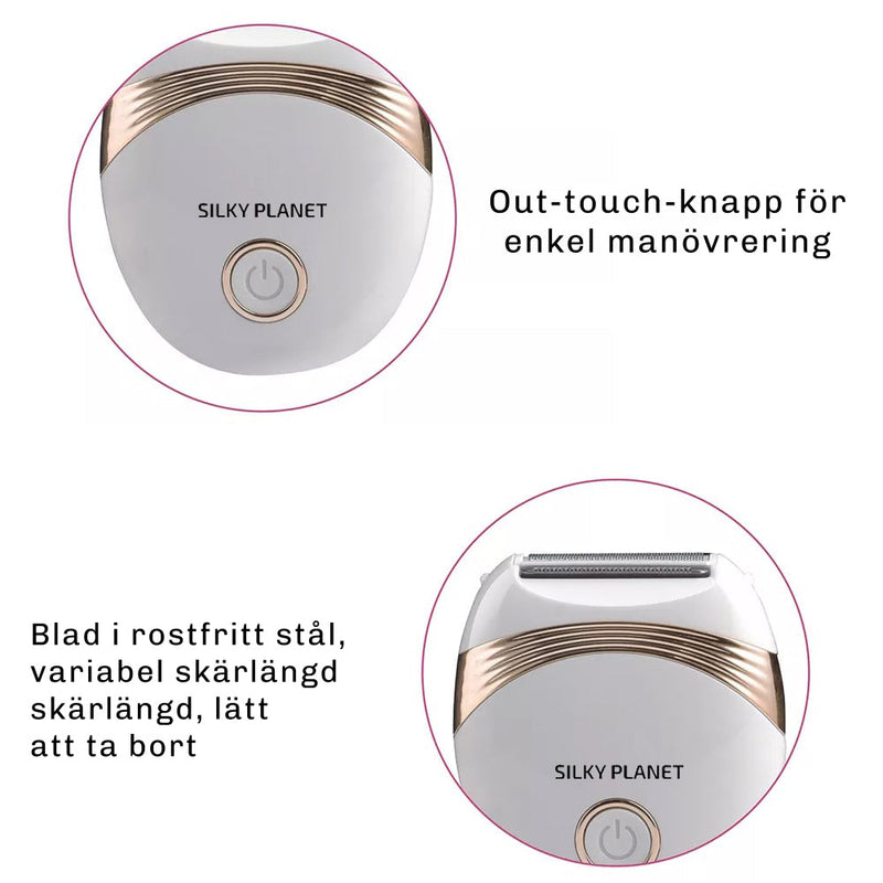 Kvinna använder Silky Planet rakapparat i armhålan.