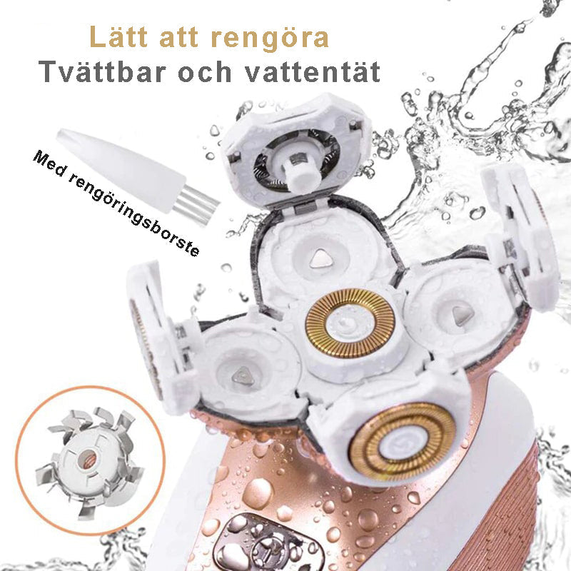 Fyra funktioner hos Silky Planet rakapparat: klippare för långt hår, flexibla rakhuvuden, ergonomisk form och vattentät laddning.