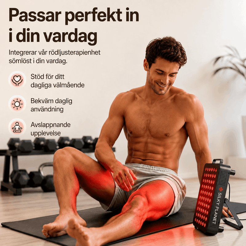 Man använder Silky Planet rödljuspanel InfraBeam+ på benet i vardagsrummet