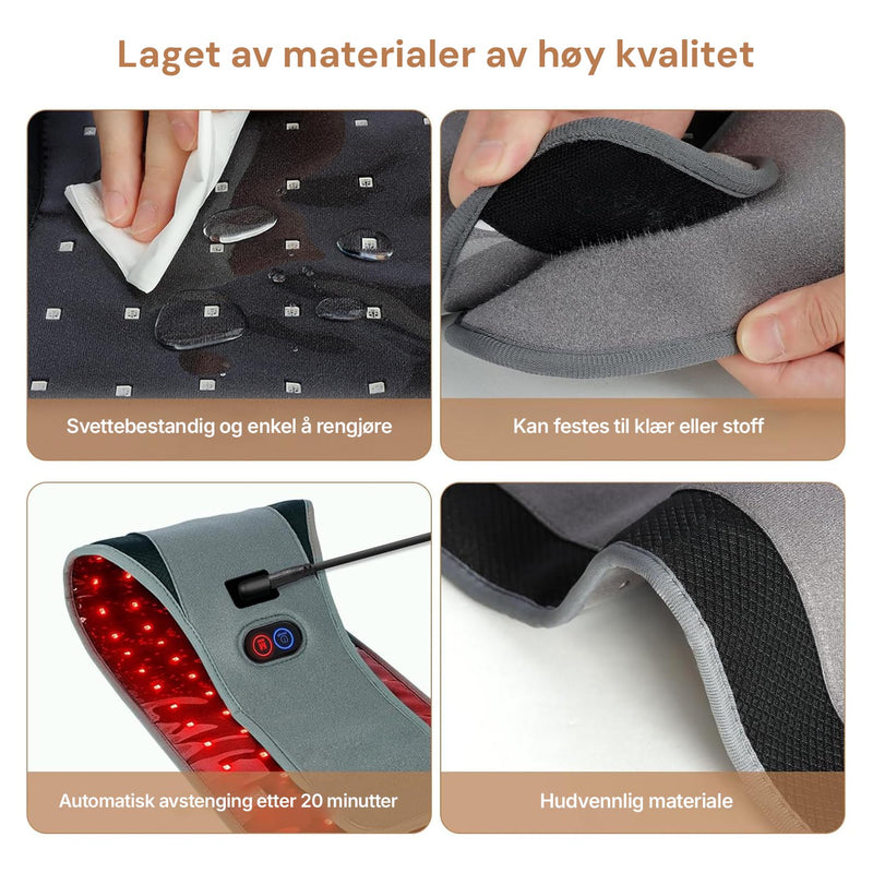 Materialdetaljer på Silky Planet rödljusterapibälte, kardborreband och tygyta som torkas av