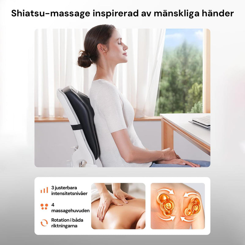 Bild som visar användning av Silky Planet shiatsu-massagekudde Pro+ i bilen, på kontoret och i hemmet
