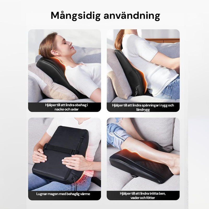 Kvinna använder Silky Planet shiatsu-massagekudde Pro+ i en kontorsstol