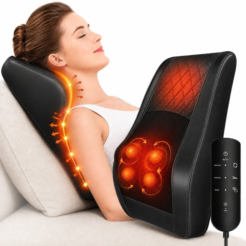 Kvinna sitter avslappnad med Silky Planet shiatsu-massagekudde Pro+ i ryggen