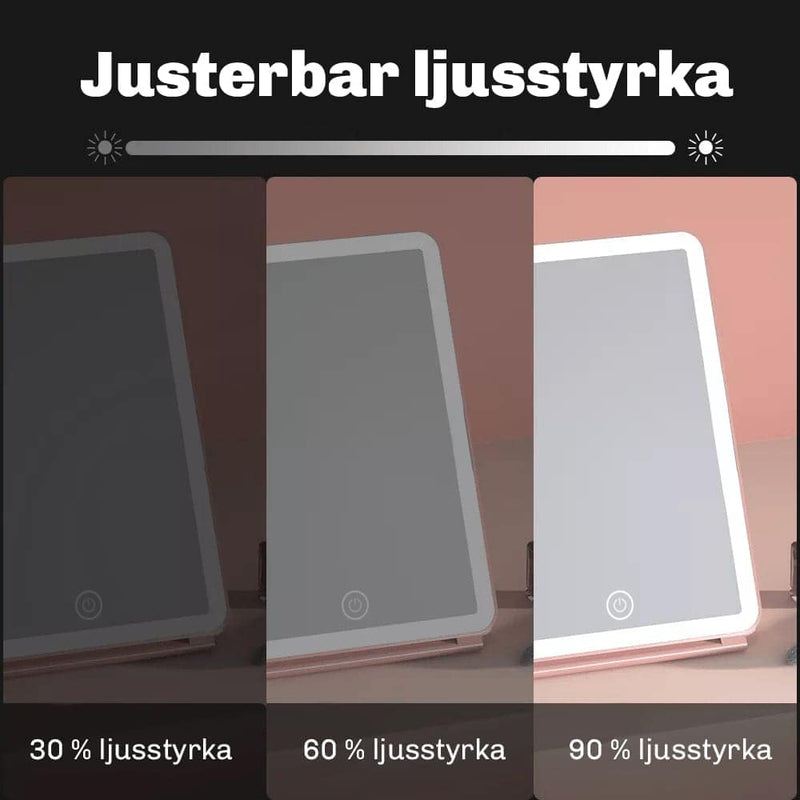 Närbild av kant på Silky Planet sminkspegel med ikoner för justerbar ljusstyrka, tre ljuslägen och uppladdningsbar funktion.