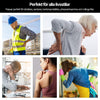 Kvinna med elektroder fästa på armen kopplade till Silky Planet TENS-enhet, med ikoner för funktioner som antal elektroder och bärbarhet.