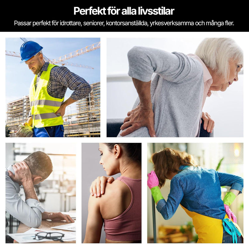 Kvinna med elektroder fästa på armen kopplade till Silky Planet TENS-enhet, med ikoner för funktioner som antal elektroder och bärbarhet.