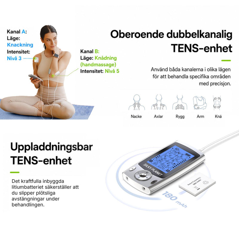 Kvinna som sitter med elektroder på armen, samt bild av det uppladdningsbara litiumbatteriet i enheten.