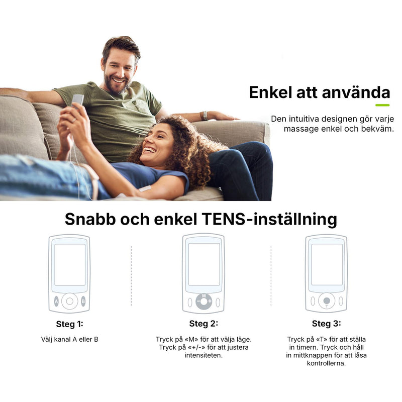 Par i soffan som använder enheten tillsammans, med tre steg för snabb TENS-inställning.