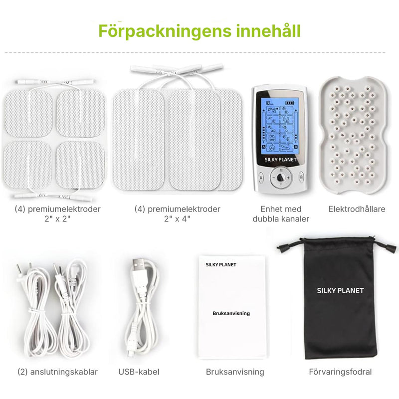 Översikt över förpackningens innehåll: elektroder, enhet, elektrodhållare, kablar och förvaringsfodral.