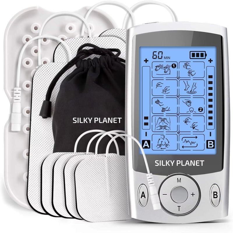 Silky Planets TENS/EMS-enhet med skärm, elektroder och förvaringspåse mot vit bakgrund.