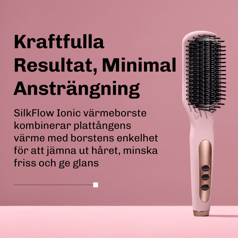 Collage med olika hårfärger och resultat efter användning av Silky Planet SilkFlow Ionic värmeborste
